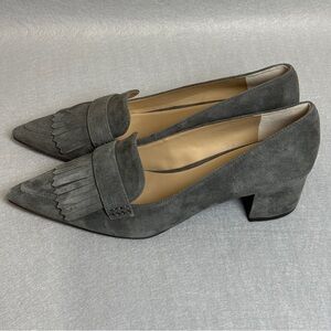 Ann Taylor Womens 7.5 M Suede Pointed Toe Loafers Gray Block Heel Fringe Kiltie